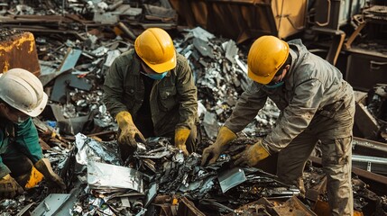 Team of workers in helmets and gloves looking at scrap metal and E-waste.