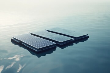 Three solar panels floating on the surface of calm water, suitable for use in environmental or technology illustrations