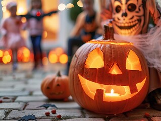 Carved Jack-O'-Lantern with Kids in Halloween Costumes