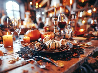 Elegant Halloween Table Setting with Candles and Pumpkins