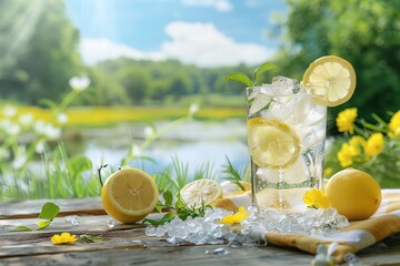 Lemonade glass with ice in nature