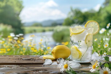 Iced lemon drink on a wooden table