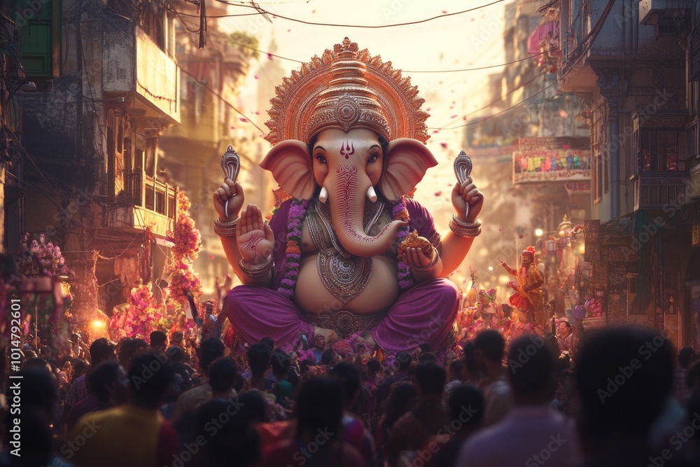 Poster a group of individuals gathered around a large statue of an elephant, observing or admiring it