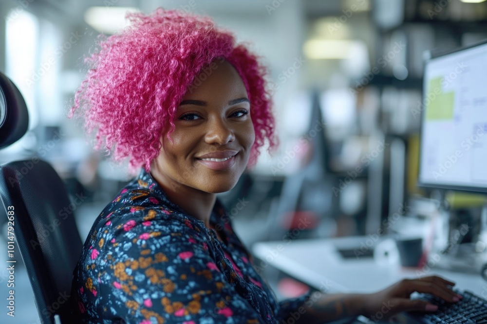 Poster A woman sits in front of a computer, her bright pink hair standing out as she works