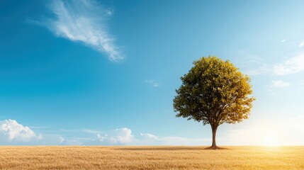 Obraz premium Lone Tree Under Blue Sky in a Golden Field