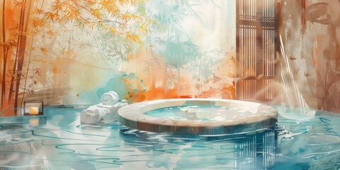 Relaxing spa scene depicted with soft watercolor hues.