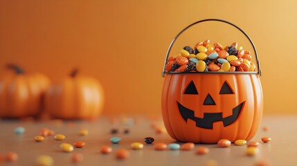 Pumpkin bucket filled with assorted Halloween candies on an orange background. Festive and colorful display, perfect for Halloween-themed content.