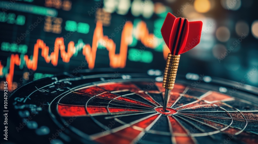 Poster a red arrow striking the bullseye of a dartboard, symbolizing precise business strategy and growth. 