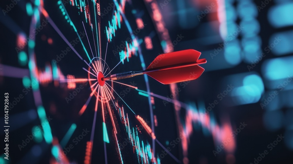 Poster a red dart in the center of a dartboard with virtual stock graphs overlaid, showcasing business stra