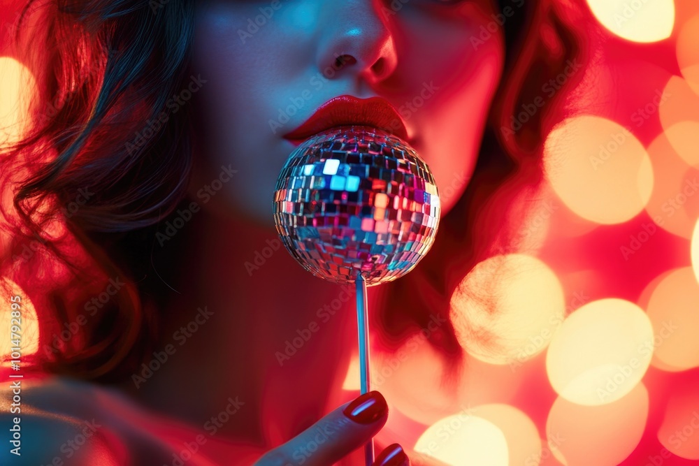 Poster a woman holds a shiny disco ball in front of her face, creating a fun and playful atmosphere