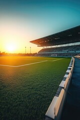 Fototapeta premium A soccer field at sunset with grass and goals