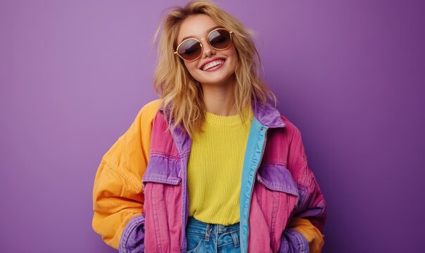 Blond young happy and funny woman laughing wearing 80s fashion in Stylish woman posing as supermodel on violet studio background