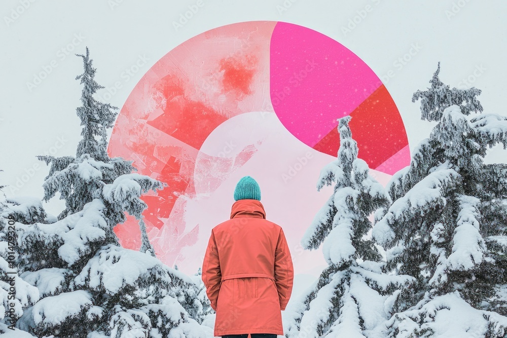 Canvas Prints A person stands in the snow wearing a red coat, providing warmth and visibility