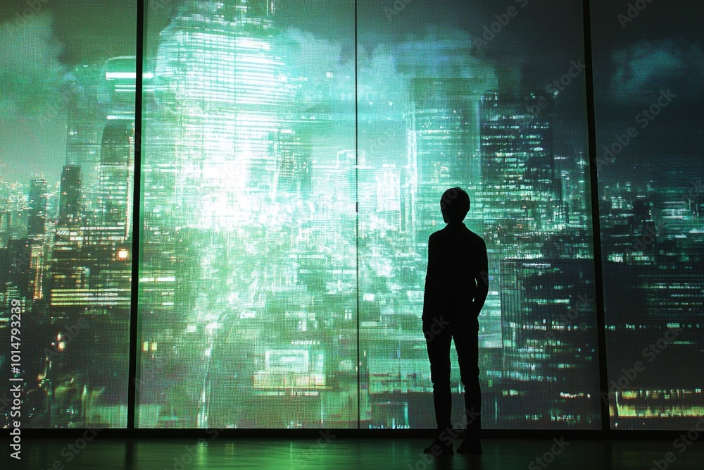 Poster A person standing in front of a large window