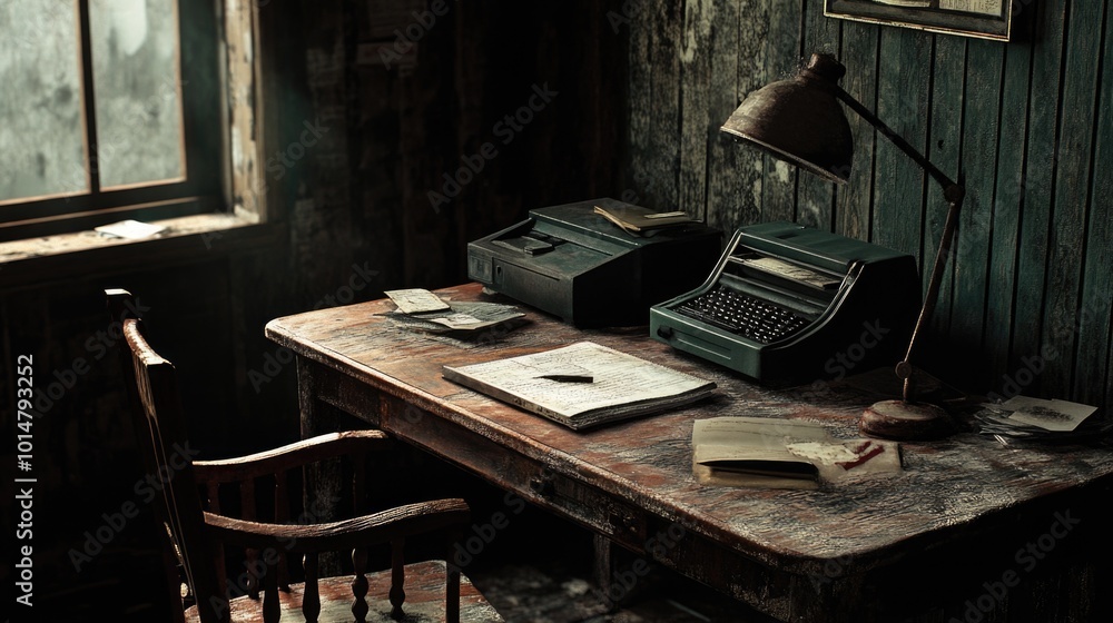 Poster a classic desk setup with a vintage typewriter and a book