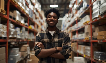 smiling worker in orange vest stands confidently in a warehouse, man working by organized shelves, efficient inventory management and teamwork concept