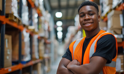 smiling worker in orange vest stands confidently in a warehouse, man working by organized shelves, efficient inventory management and teamwork concept