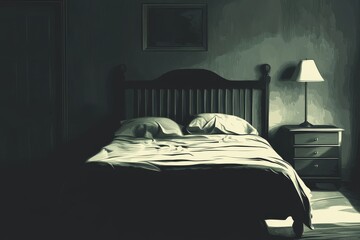 A dark room with a bed and a lamp