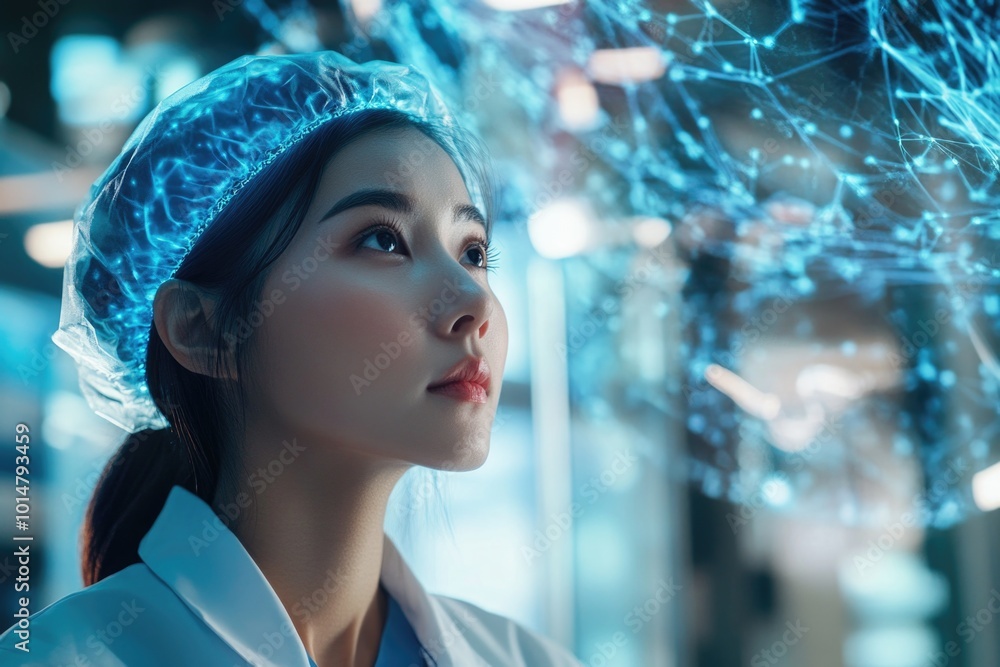 Poster A scientist or researcher looking at data on a computer screen, possibly analyzing results