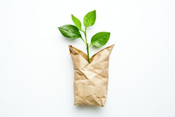 A plant grows out of a paper bag, surrounded by natural elements