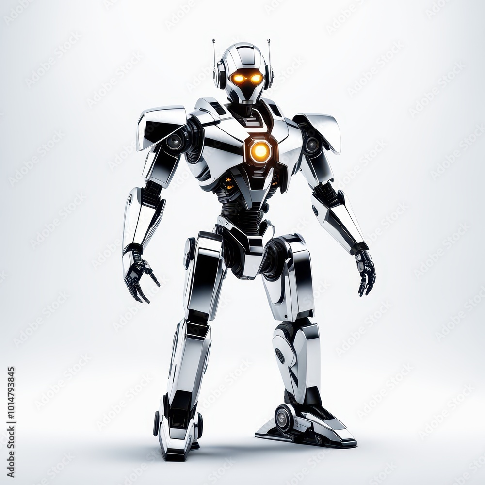 Poster a futuristic humanoid robot with a sleek design and glowing features.