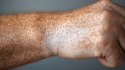 Forearm with Vitiligo in Soft Lighting, Emphasizing Clear Borders of Depigmented Skin Against Healthy Skin