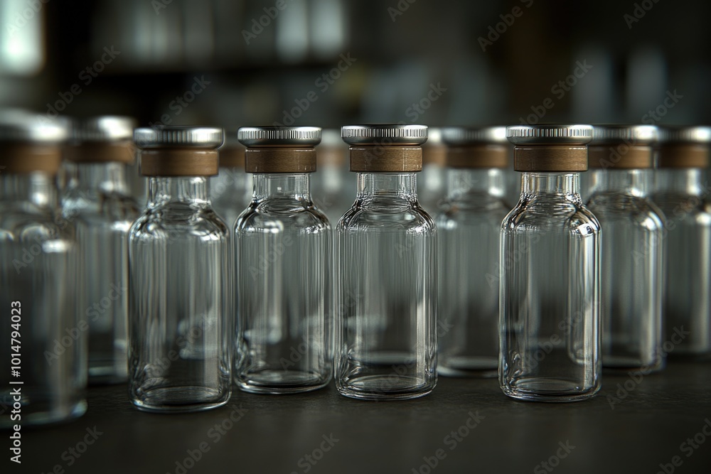 Poster a collection of small glass vials arranged neatly on a table