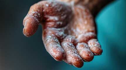Close-Up of a Hand with Psoriasis Showing Thick Red Patches and Silvery Scales Highlighting Uneven Skin Texture and Distinct Plaque Borders Under Dramatic Lighting