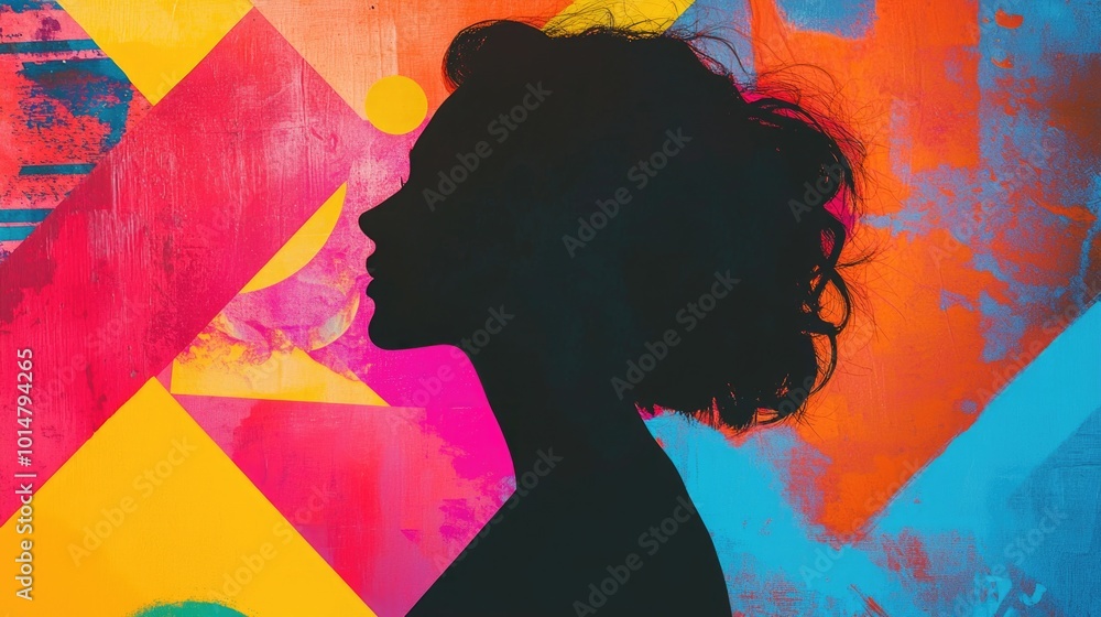 Aufkleber a woman stands in front of a vibrant colored wall, great for use in social media posts or advertisem