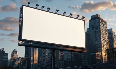 Blank billboard mockup in cityscape at sunset.