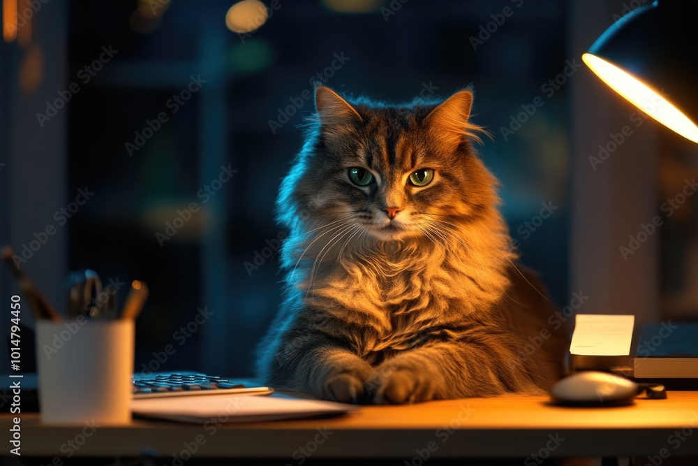 Poster a cat sits next to a computer on a desk, perfect for office or workspace themes