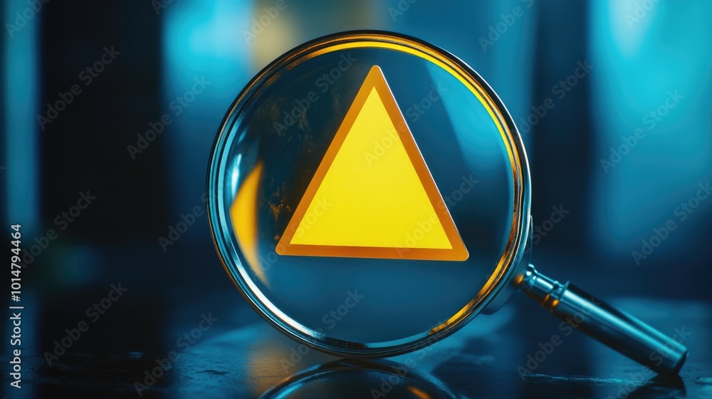 Poster close-up shot of a magnifying glass featuring a bright yellow triangle, suitable for use in illustra