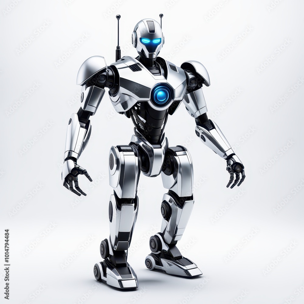 Poster a futuristic humanoid robot with a sleek design and glowing features.