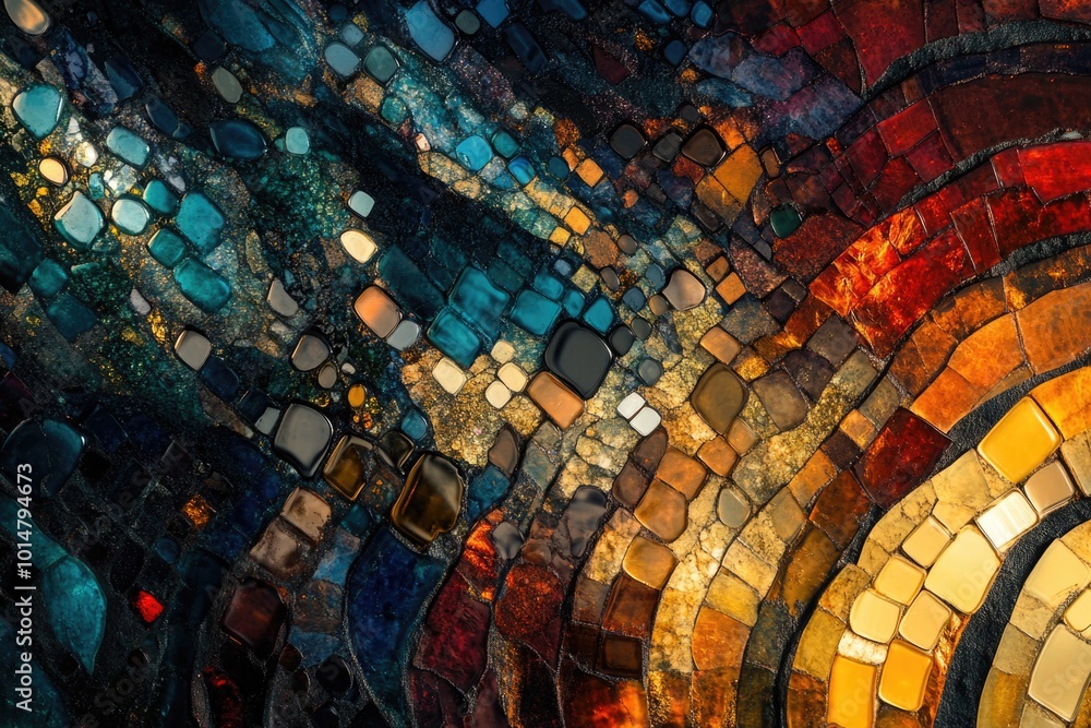 Poster a detailed view of a vibrant mosaic wall with intricate designs and patterns
