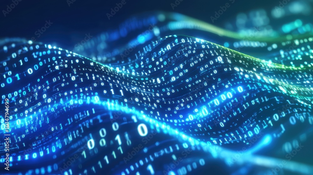 Poster abstract digital banner in blue and green tones with flowing tech light effects and binary code symb