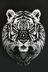 Obraz premium A detailed black and white illustration of a tiger's face on a dark background, showcasing intricate patterns and artistic design.