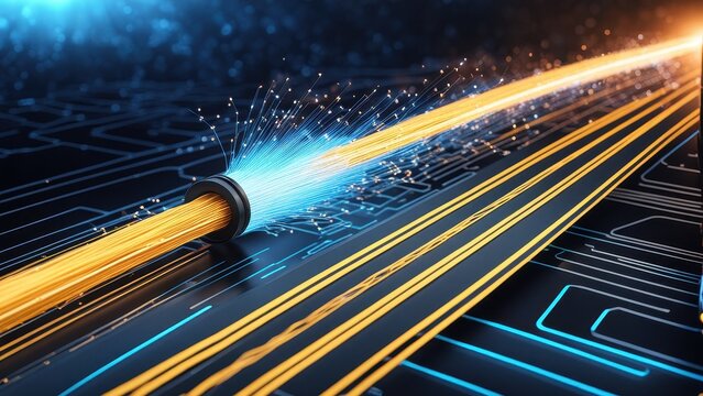 A futuristic representation of data transmission through fiber optics with glowing effects. - Powered by Adobe