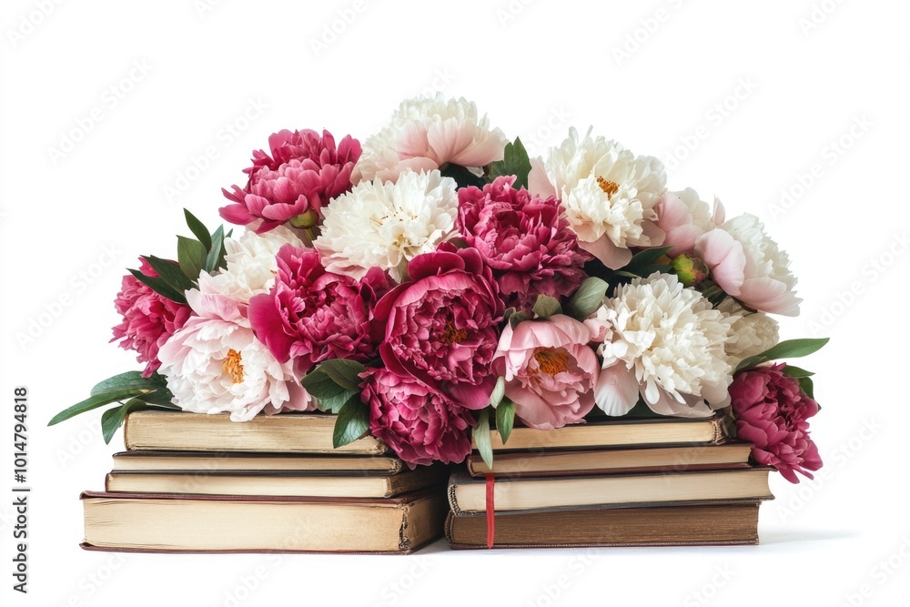 Aufkleber a bouquet of colorful flowers sits atop a stack of books, perfect for adding a touch of nature to an
