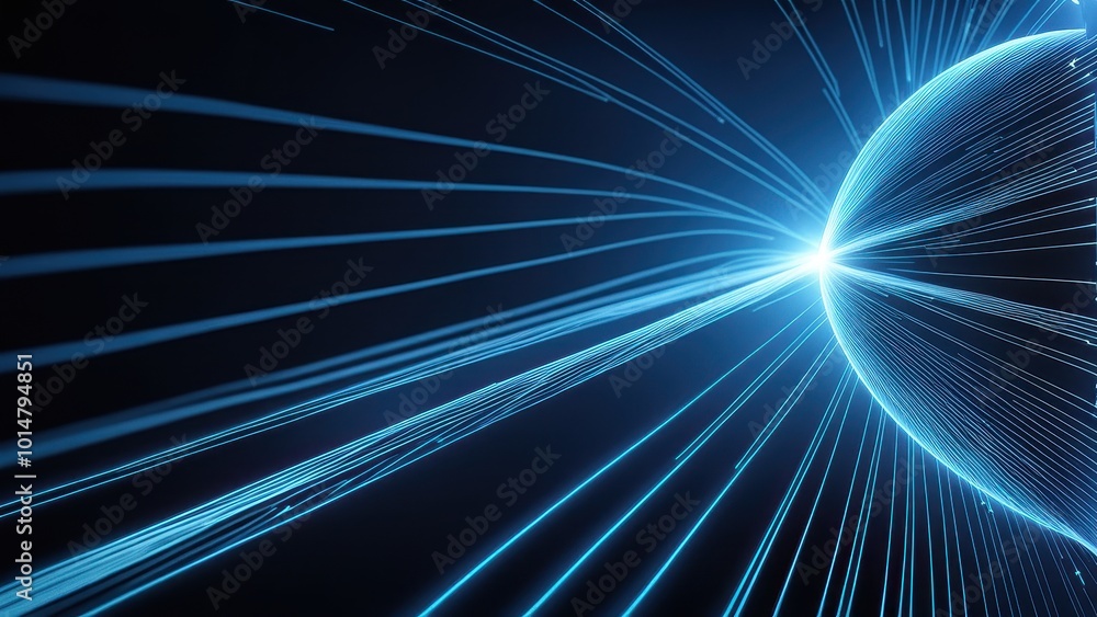 Poster a futuristic representation of energy and motion with glowing lines and a luminous sphere.