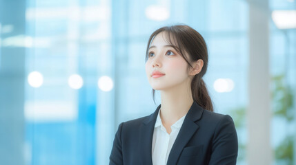 Fototapeta premium Beautiful Japanese woman in a black suit and white shirt looks up at the sky with an interior building in the background.
