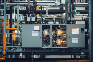 Machine room with various industrial equipment and machinery