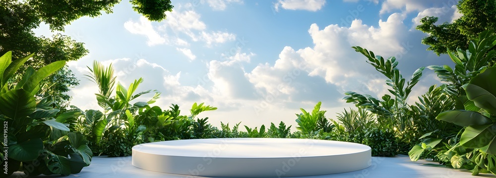 Poster 1. a serene scene featuring an empty podium surrounded by lush greenery, with a soft blue sky and fl