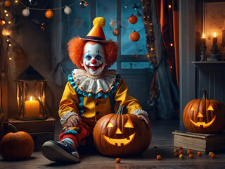 Colorful child Clown Sitting on a floor amongst Jack-o'-Lanterns on Halloween Night