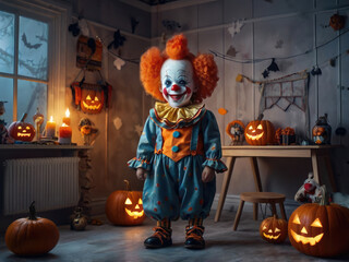 A creepy child clown in a colorful costume stands in a dimly lit room filled with glowing jack-o'-lanterns, creating a perfect spooky Halloween atmosphere.