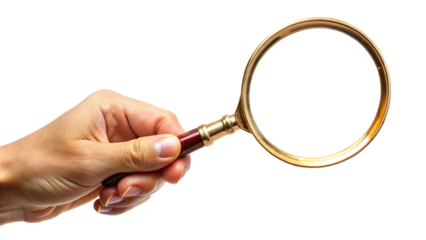 Hand holding magnifying glass isolated on transparent background