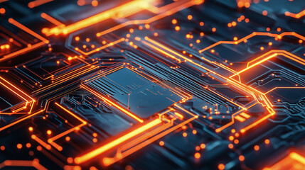 Fototapeta premium Futuristic Circuit Board with Glowing Orange Elements