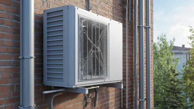 Air source heat pump unit installed outdoors at a modern home with bricks