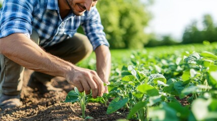 An agronomist carefully inspecting a field of soybean crops, representing modern agricultural practices.