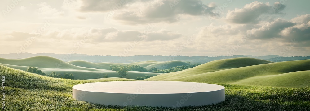 Poster 2. an idyllic setting showcasing a minimalist podium in a tranquil nature scene, with gentle rolling