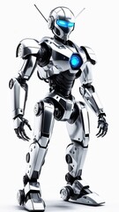 A futuristic humanoid robot with a sleek design and glowing blue features.